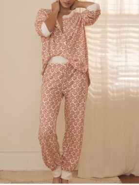 NWT Anthropologie Waffle PJ Set in Red Motif